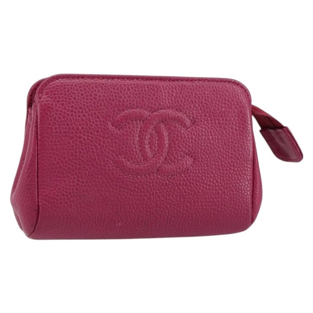 CHANEL COCO Mark Pouch Grained Calf Skin Pink Gold CC Auth 152429 - Picture 1 of 16